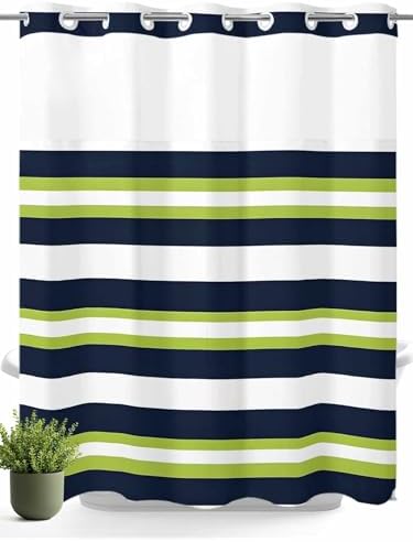 No Hooks Shower Curtain Set with Snap Liner Classic Stripes 72x72in