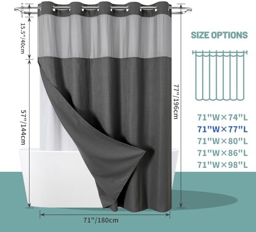 Charcoal Grey Waffle Weave Shower Curtain Set with Snap-In Liner 71x77 Inches
