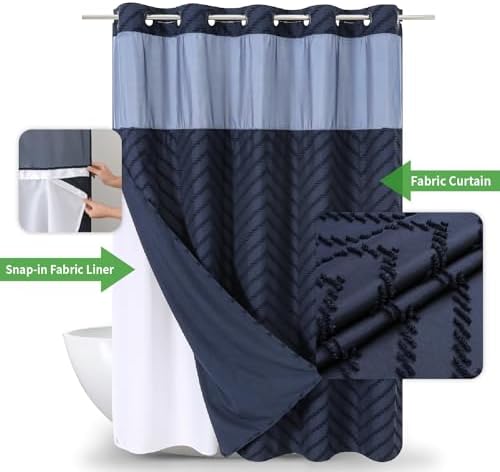Navy Blue Tufted Chevron Shower Curtain Set with Snap-in Liner