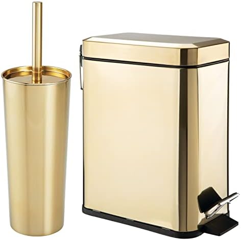 mDesign Metal Toilet Brush with Holder and Step Pedal Trash Can Set