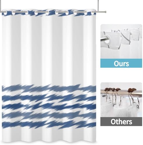 No Hook Blue Striped Shower Curtain Set with Snap Liner and Mesh