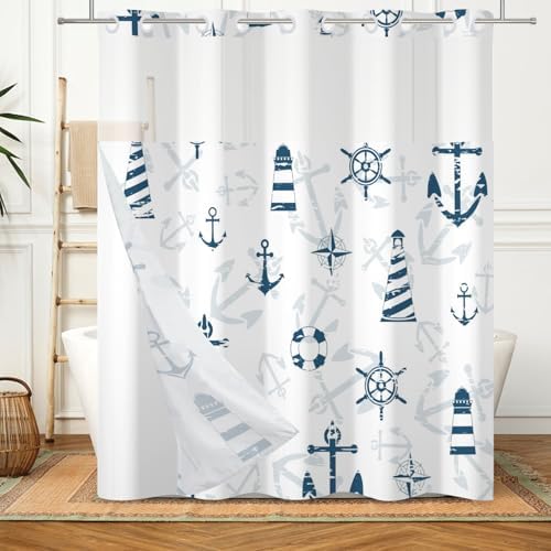 Nautical Shower Curtain Set with Snap Liner and No Hooks