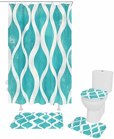 ZOE GARDEN Aqua White Wave Bathroom Set with Mat and Hooks