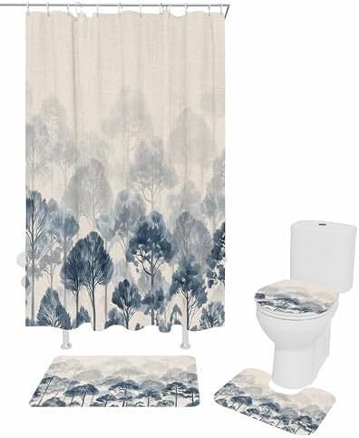 Blue Forest Bathroom Set with Shower Curtain and Rug