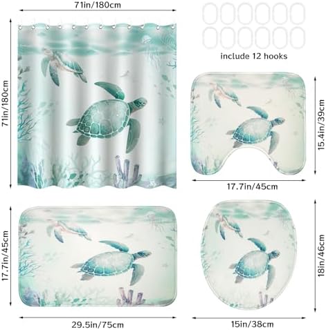 4Pcs Sea Turtle Shower Curtain Set with Non-Slip Rug and Hooks