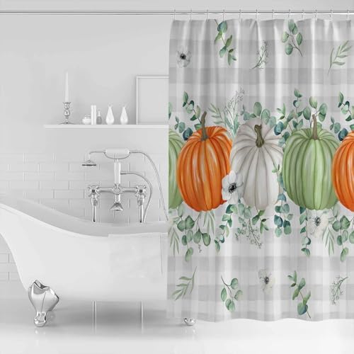 ZOE GARDEN Orange Green White Pumpkin Shower Curtain Set with Hook 48x72