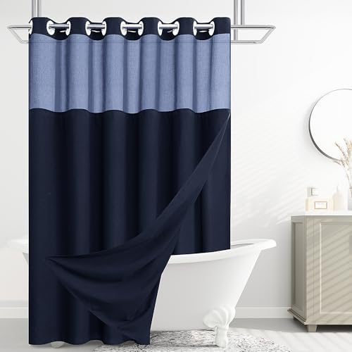 Jowels No Hooks Linen Shower Curtain Set Navy Blue