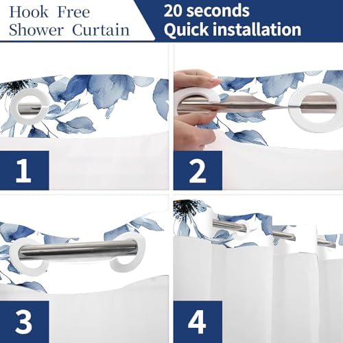 Uhexoyo Modern Abstract Navy Blue Flower Shower Curtain Set