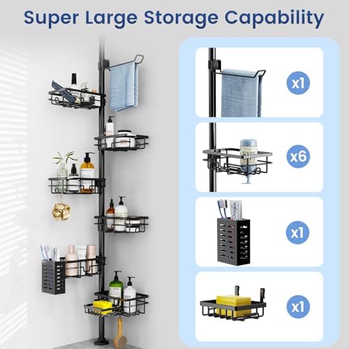 Mixoo Corner Shower Caddy - Adjustable Tension Pole with 6 Shelves