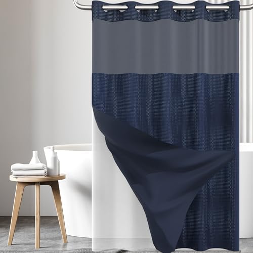 Numwot Dark Blue Shower Curtain Set with Snap-in Liner