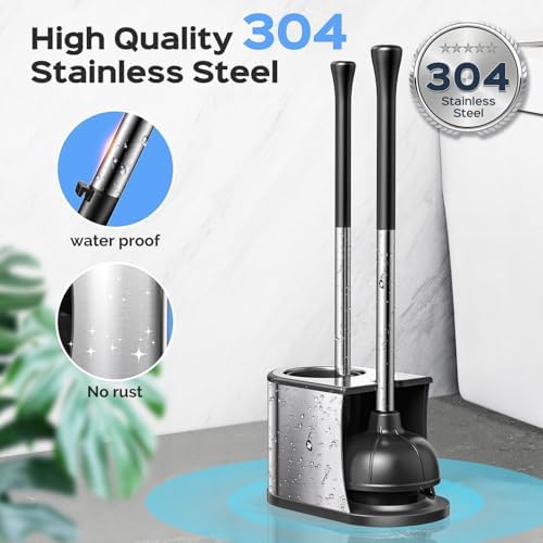 HAMITOR Toilet Plunger and Brush Set - 2 in 1 Heavy Duty Stainless Steel