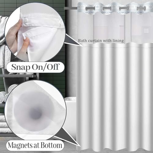 TERSUM No Hook Blue Striped Shower Curtain Set with Snap Liner 71x74 Inch