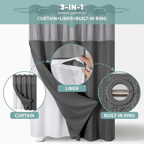 Charcoal Grey Waffle Weave Shower Curtain Set with Snap-In Liner 71x77 Inches