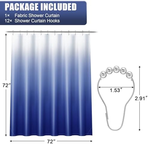 OLANLY Luxury Royal Blue Ombre Shower Curtain Set with 12 Hooks 72x72 Inches