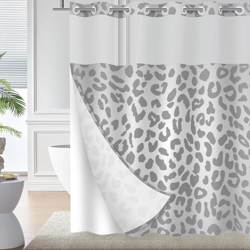 Cognitixx No Hook Shower Curtain Set Snow White and Leopard Grey Scale