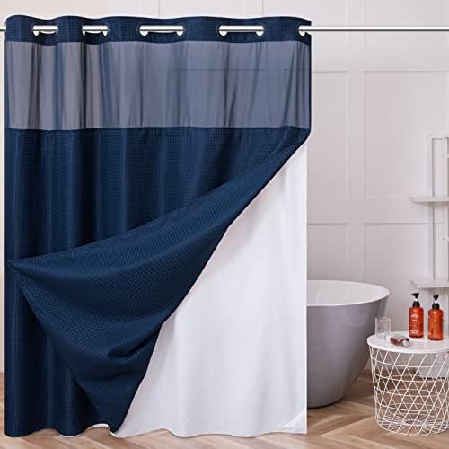Furlinic No Hook Waffle Shower Curtain Set Navy Blue 36x72 Inch
