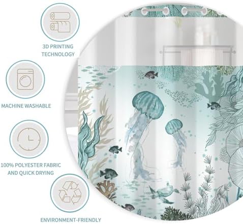 No Hook Jellyfish Shower Curtain Set with Snap-in Liner and Double Layer