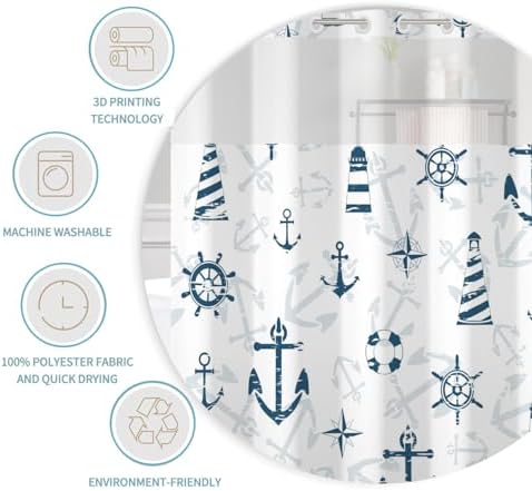 Nautical Shower Curtain Set with Snap Liner and No Hooks