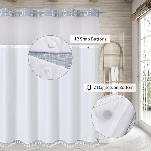MitoVilla Farmhouse Shower Curtain Set with Window and Magnets - Blue 72 x 74