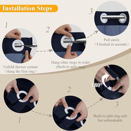 Jowels No Hooks Linen Shower Curtain Set Navy Blue