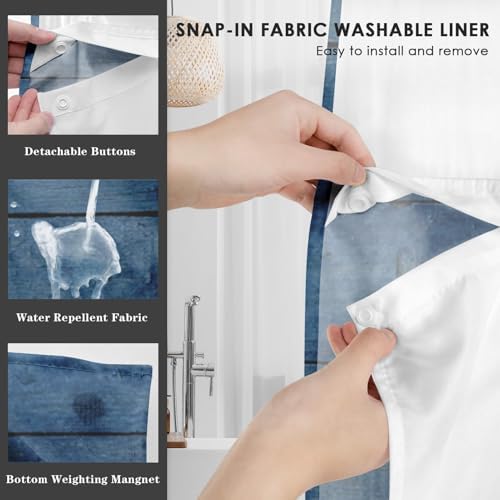 Nesphy Navy Blue No Hook Anchor Wooden Board Shower Curtain Set