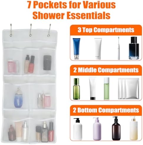 7 Pockets Mesh Shower Caddy with Hooks for Fast Dry Storage