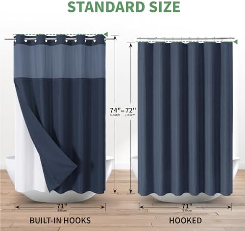 No Hook Shower Curtain with Snap-in Liner Set Slub Textured Navy Blue