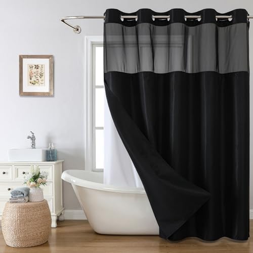 Eachope Black No Hook Shower Curtain with Snap-in Liner Set