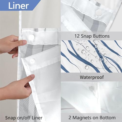 71x84 Inches White Hotel Style Shower Curtain Set with Blue Striped Design