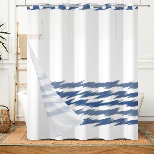 No Hook Blue Striped Shower Curtain Set with Snap Liner and Mesh