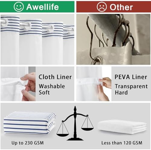 Awellife Boho Navy Striped Shower Curtain Set