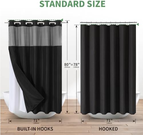 Black Slub Textured Shower Curtain Set with Snap-in Liner