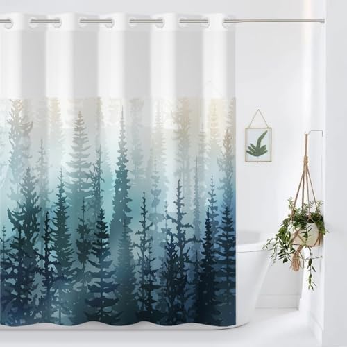 Yanutan Teal Forest No Hook Shower Curtain Set