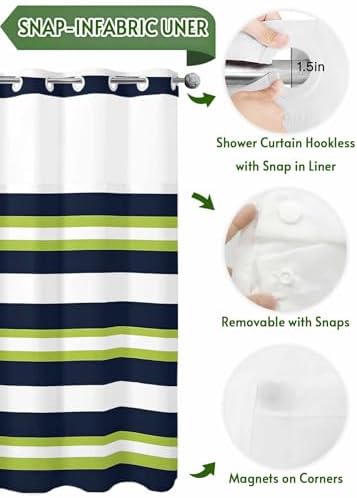 No Hooks Shower Curtain Set with Snap Liner Classic Stripes 72x72in
