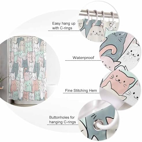 ZOE GARDEN Cartoon Cat Shower Curtain Set with Hook