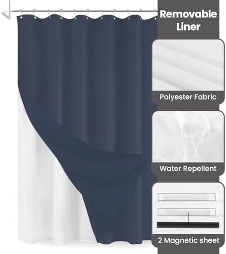 Inhousolu Boho Shower Curtain Set Faux Linen 12 Metal Hooks Navy Blue 54x78