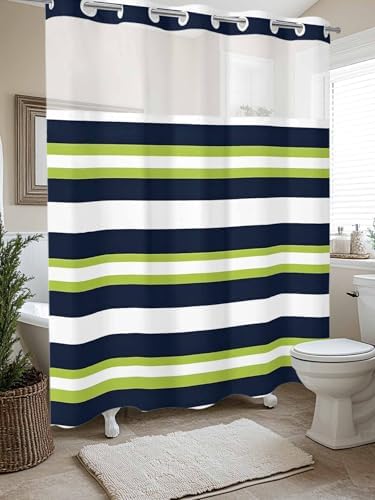 No Hooks Shower Curtain Set with Snap Liner Classic Stripes 72x72in
