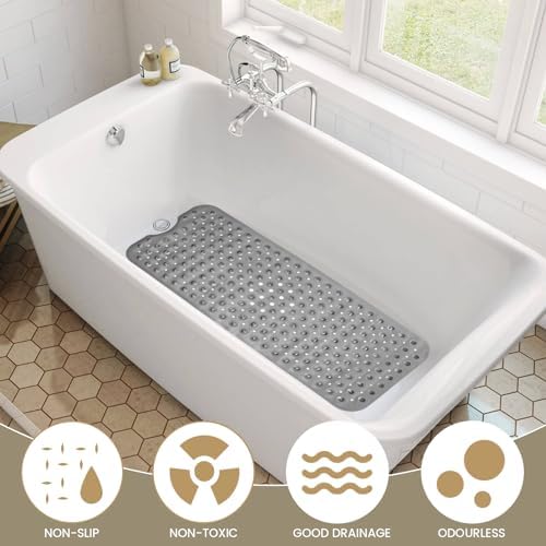 Carvmpin 40x16 Inch Non-Slip Bath Mat with Suction Cups and Drain Holes