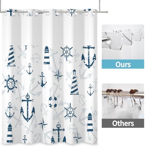 Nautical Shower Curtain Set with Snap Liner and No Hooks