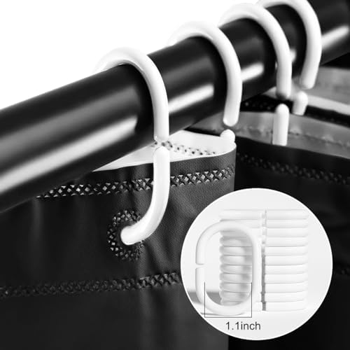 Timecity Black PEVA Shower Curtain with 12 White Hooks
