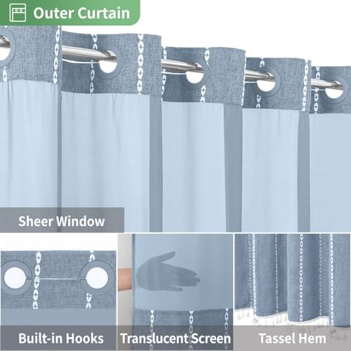 Eachope No Hook Shower Curtain Set with Tassels Blue 71x86