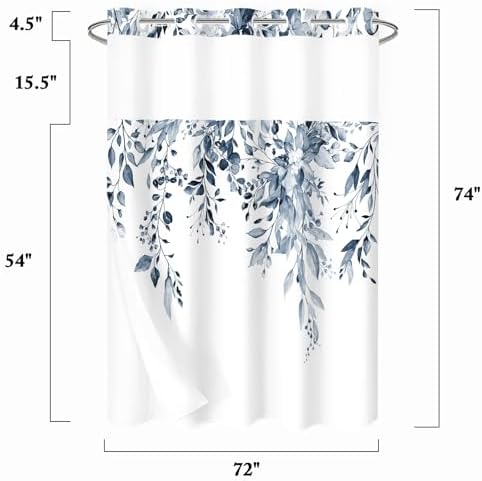 Gibelle No Hook Shower Curtain Set Navy Blue Eucalyptus Leaves