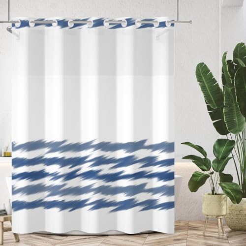 No Hook Blue Striped Shower Curtain Set with Snap Liner and Mesh