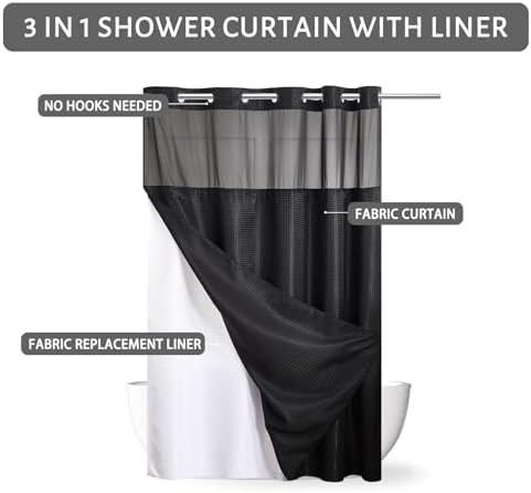 Furlinic No Hook Shower Curtain with Detachable Liner Black 71x78 Inch