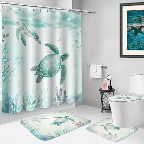 4Pcs Sea Turtle Shower Curtain Set with Non-Slip Rug and Hooks