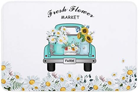 Blue Truck Bath Mat with Daisy and Sunflower 16x24In