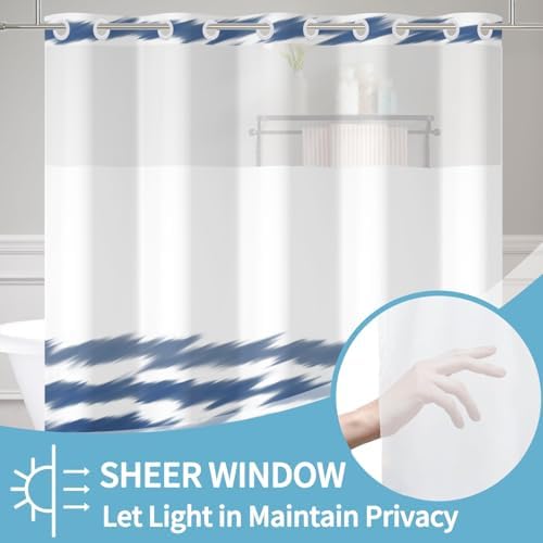 No Hook Blue Striped Shower Curtain Set with Snap Liner and Mesh
