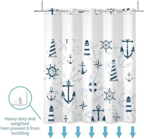 Nautical Shower Curtain Set with Snap Liner and No Hooks