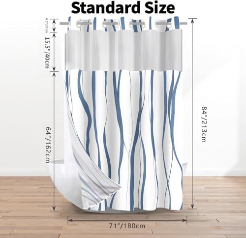 71x84 Inches White Hotel Style Shower Curtain Set with Blue Striped Design