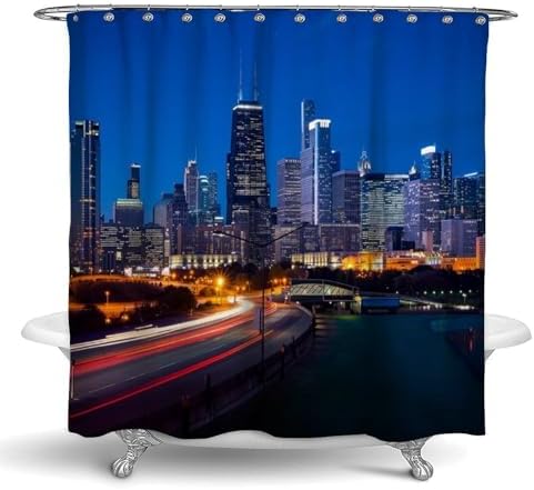 OXJOIIS Shower Curtain with 12 Hooks - Chicago City Skyline Night View Art